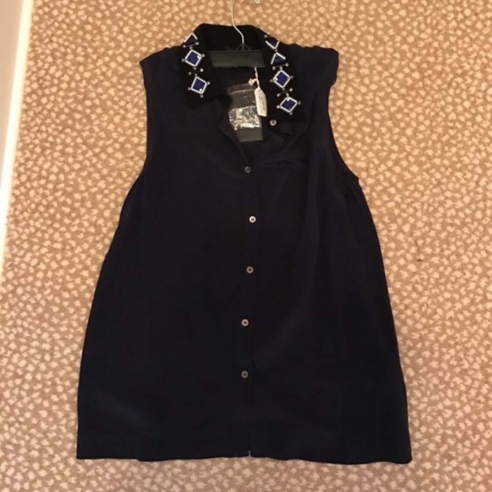 Navy button down with embellished collar